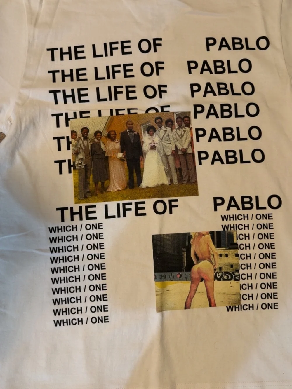 Yeezy White Graphic Tee with Black Text and Multicolor Photo Accents
